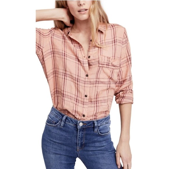 Free People 100% Linen No Limits Peach Plaid Button Down Shirt oversized Small - Picture 2 of 12
